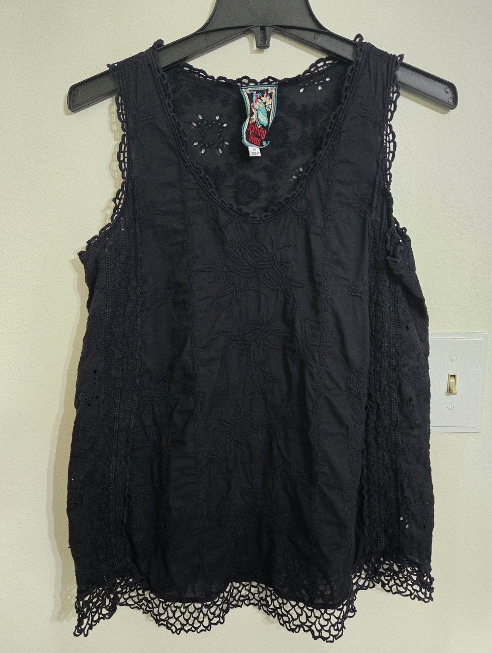 Johnny Was Black Embroidered Crochet-Trim Tank